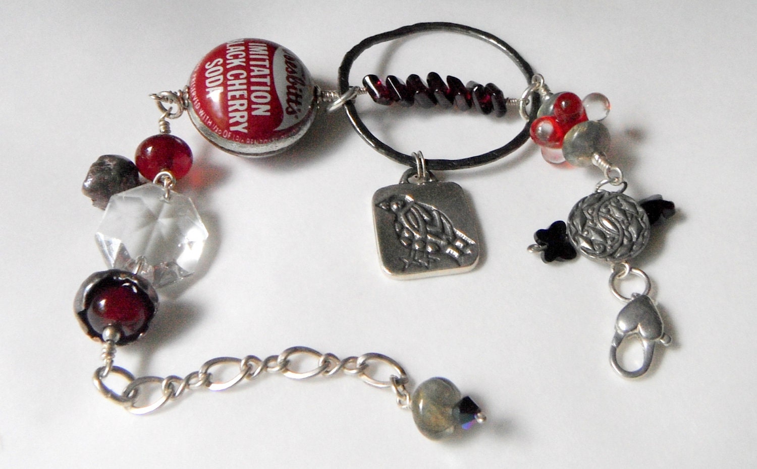 Bracelet sterling silver Blackbird charm, Black Cherry garnet beads, crystal,  lampwork,  Free Shipping Etsy, gift idea under 150