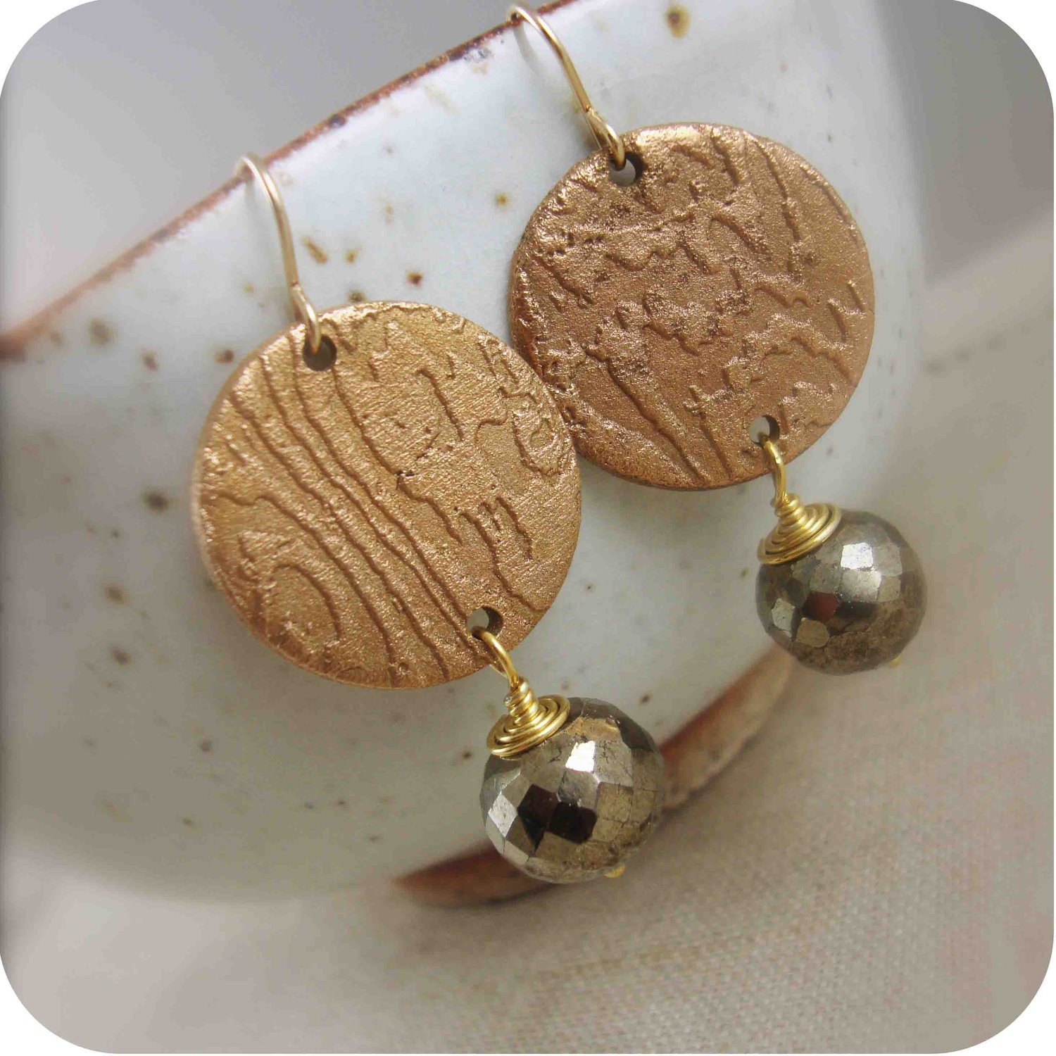 Pyrite Earrings - Bronze Wood Grain Textured - 14 K Gold Filled Ear Wires - Fall Fashion Accessories