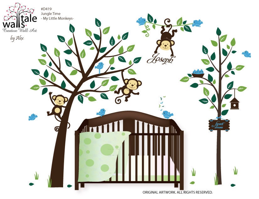 Wall Decal - Large Jungle Time wall decal with cute monkeys in tree for nursery,kids room. Very sweet little monkey great wall decals.