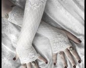 Grace Long Arm Warmers - White Lace w/ Embroidered Floral & Geometric Scalloped Sleeves - Vampire Romantic Fetish Dark Fusion Opera Fairy