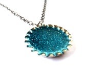Turquoise Bottlecap Necklace. Glitter Pendant on 26 in. Gunmetal Grey Chain by Everyday Bohemian.