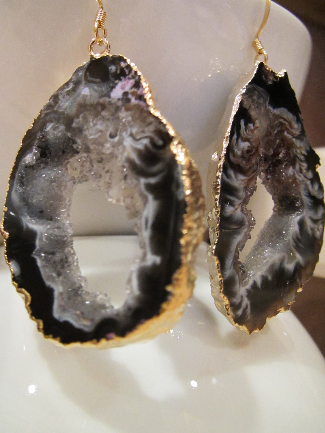 Starry Night Geode Druzy Earring Black, Grey /Gold Plated