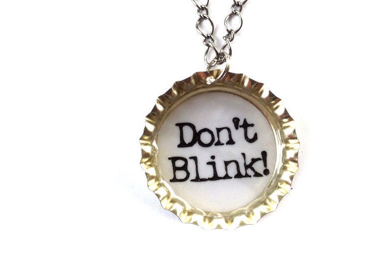 Doctor Inspired Bottlecap Necklace Don't Blink in Black and White, Silver BottleCap Resin Pendant