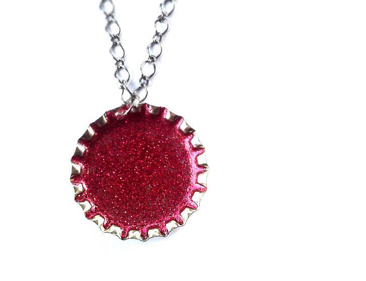 Cherry Red Bottlecap Necklace. Crimson Glitter Pendant by Everyday Bohemian.