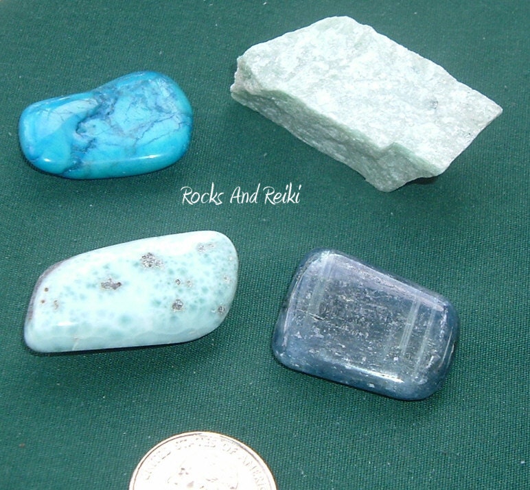 Activate My Dreams And Higher Chakras - GEMSTONE GRADE A SET - Reiki Charged - Larimar - Blue Howlite - Amazonite - Kyanite - a942