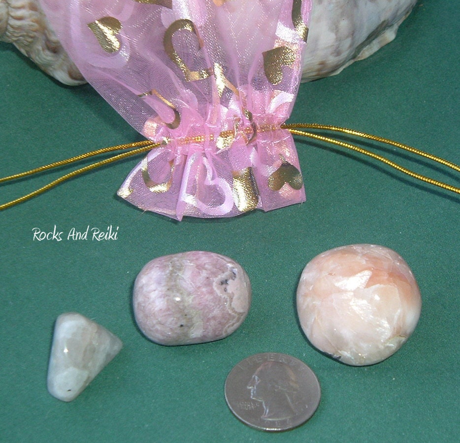 Open My Higher Heart Chakra - Reiki Charged Gemstone Set - Rhodochrosite, Stilbite, Rainbow Moonstone - a188