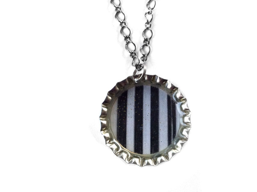 Black & White Striped Necklace. Kitschy Circus Stripes Bottlecap Pendant by Everyday Bohemian on Etsy.