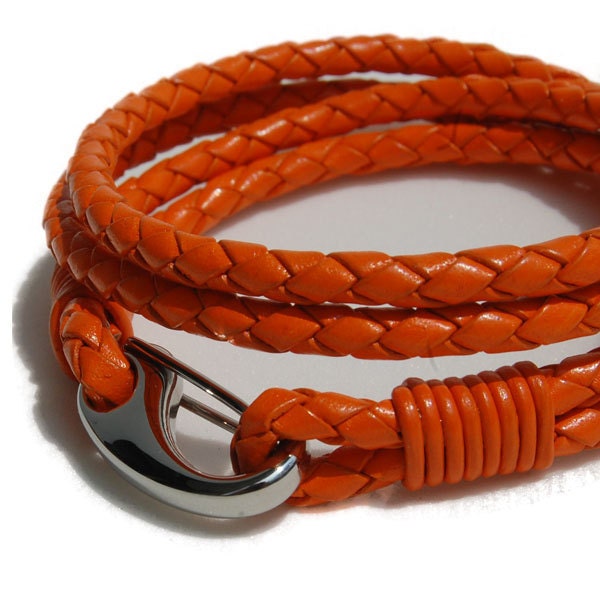 LAST ONE Orangina - Orange Braided Leather Wrist Wrap Bracelet with Modern Steel Hinged Hook Clasp