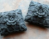 Linen  pincushion - crochet motif -- dark grey