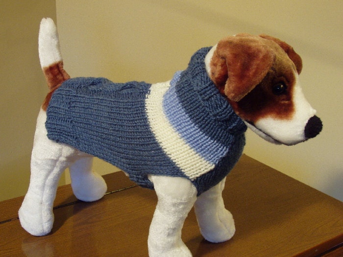 Dog Sweater Hand Knit Blue Cables and Stripes Medium Merino Wool