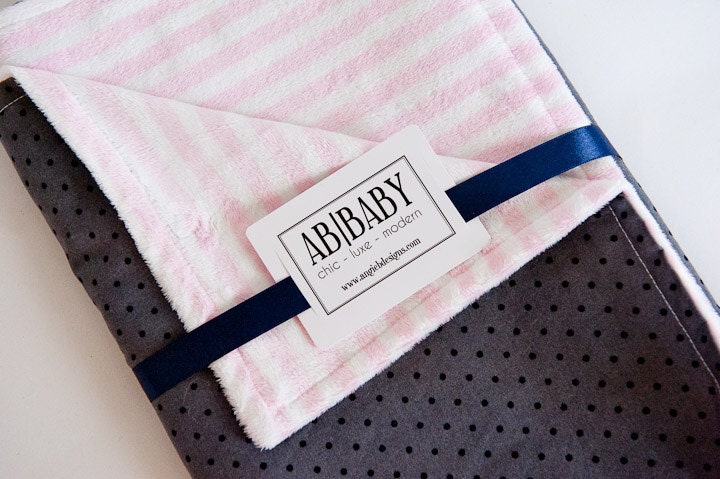 SALE minky baby blanket - girl modern - feat. designer COTTON polka dot print and striped pink minky.