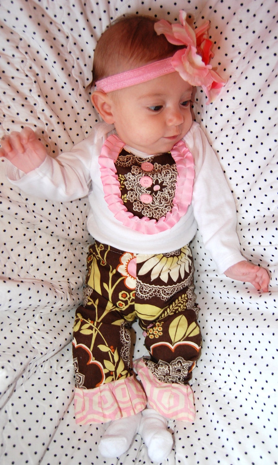 Baby Infant Olive Lacework Pink Brown Flower Ruffle Bib Pants Long sleeve Shirt Onesie Amy Butler