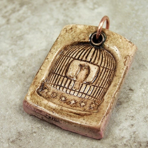 SALE Antiqued Birdcage Polymer Clay Pendant
