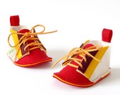 WaWa Red baby shoes boys & girls baby booties, Retro Modern design baby slippers, infant house shoes, unisex newborn baby shower gift