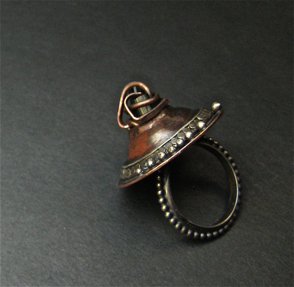 Mixed Metal Green Tourmaline Crystal Ring  Primitive Sculptural OOAK