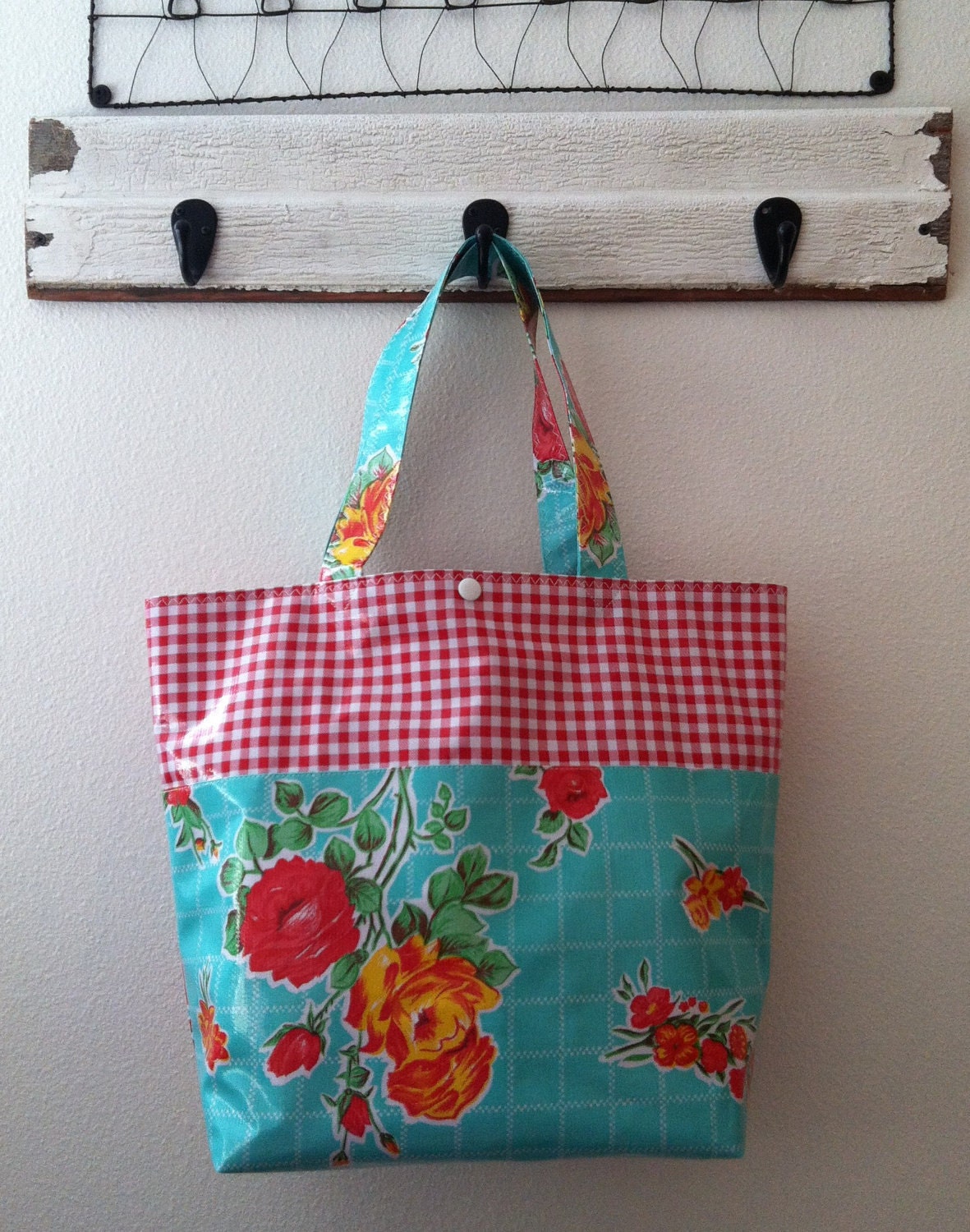 Beth's Aqua Vintage Rose Grocery Style Tote with Red Gingham