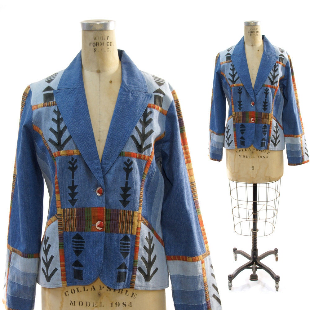 SALE Denim Patchwork and Applique Blazer vintage 1980's