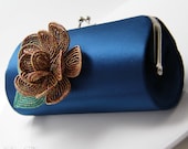 Clutch, royal navy blue satin- Bronze copper flower French beaded  clutch for brides, bridesmaids, prom, halloween party - BeadFloraJewels
