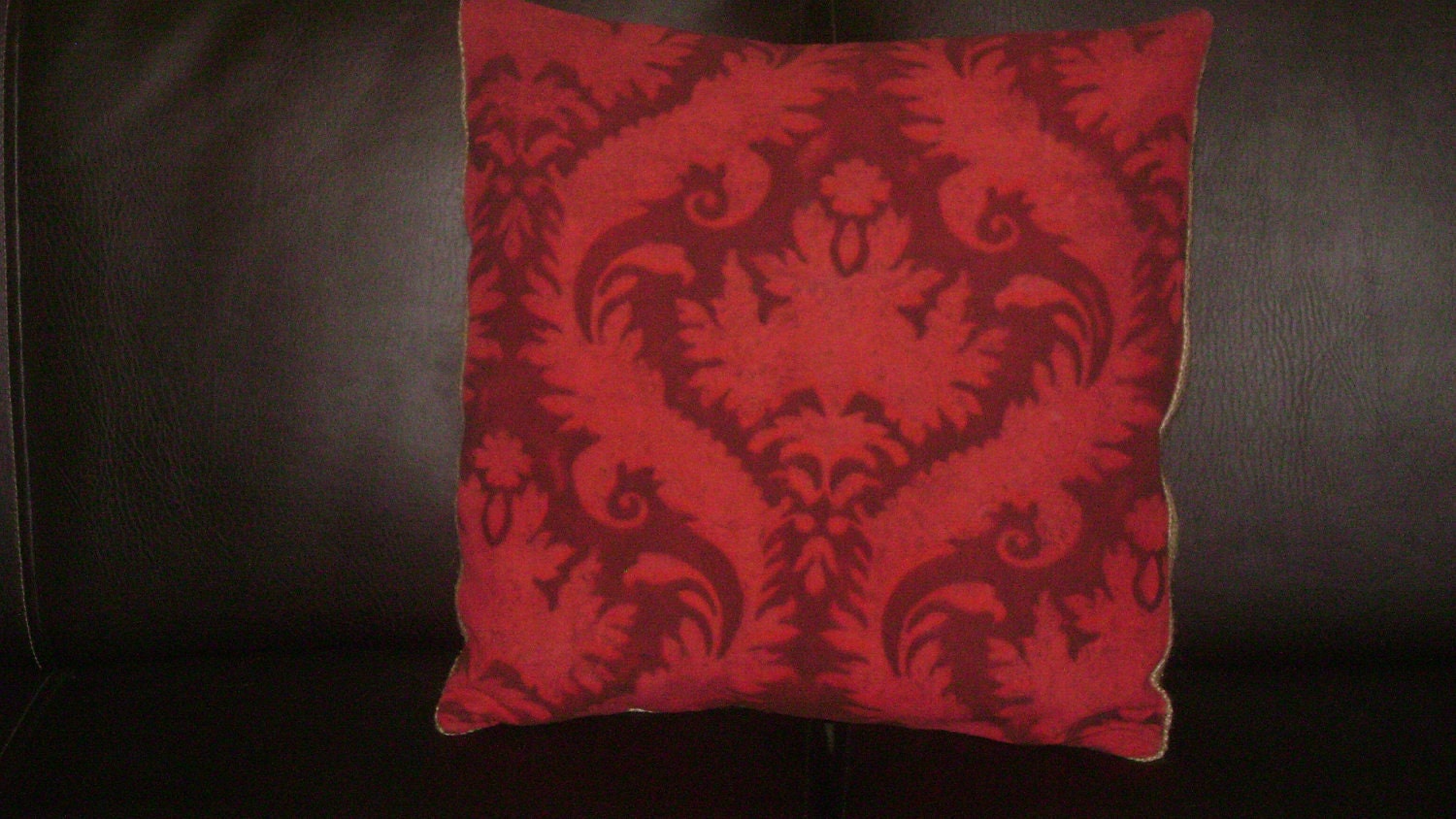 Silk Damask Cherry & Brown Burlap Pillow