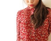 Red vintage dress, white rose pattern, xs - s, Japanese