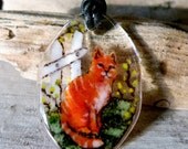 Orange cat in the garden - fused glass pendant