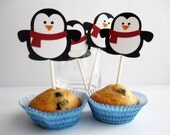 12 Penguin Cupcake toppers , adorable winter Christmas Die cut layered Penguin Cupcake toppers