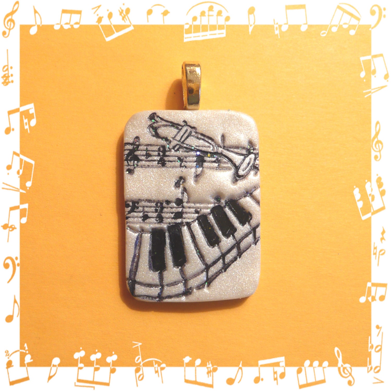Handmade Music Pendant: beige, black - piano, notes - polymer clay jewelry