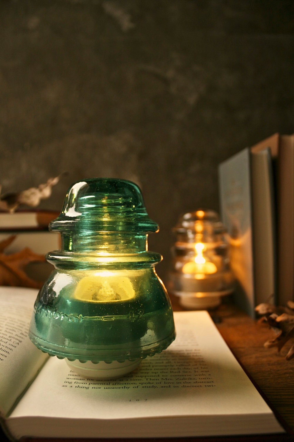Glass Lamp Industrial Light Wedding Lighting Rustic Decor Bedside Lamp - Vintage Teal or Clear Glass Telegraph Insulator Steampunk Lamp