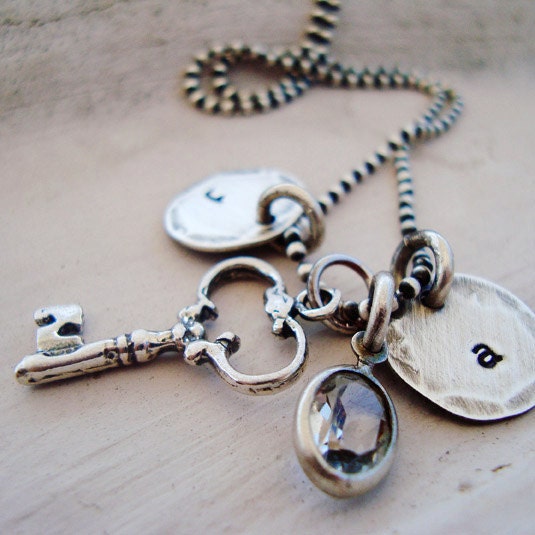 rustic hand stamped initial charm necklace ... personalized sterling silver key to my heart necklace... shabby chic jewelry...