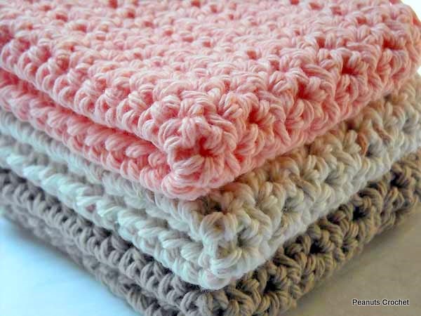 Crochet Dishcloths Kitchen Handmade Cotton Durable Set of 3 Peach, Taupe, Ecru