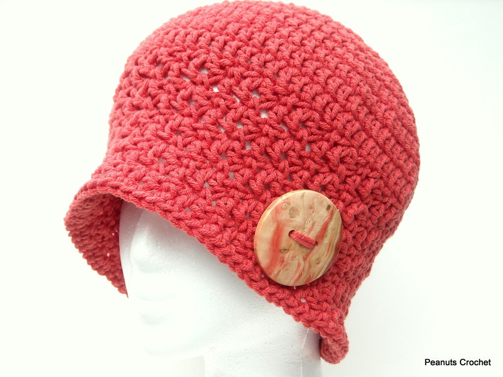 Crochet Women's Hat Cloche Style with Handcrafted Wood Button Rust Red Terracotta Cotton Blend Handmade