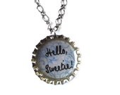Doctor Inspired Bottlecap Necklace Hello Sweetie, Blue Siwirls, Silver BottleCap Resin Pendnat