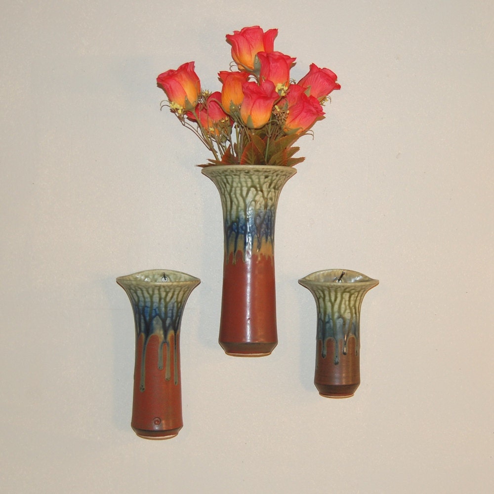 Wall Pocket Flower Vase Large Pottery Porcelain Wheel thrown Cinnamon Brown Blue Fern by Mark Hudak