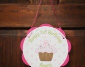Cupcake Theme Door Sign - Happy Birthday Party Decoration in Hot Pink and Green