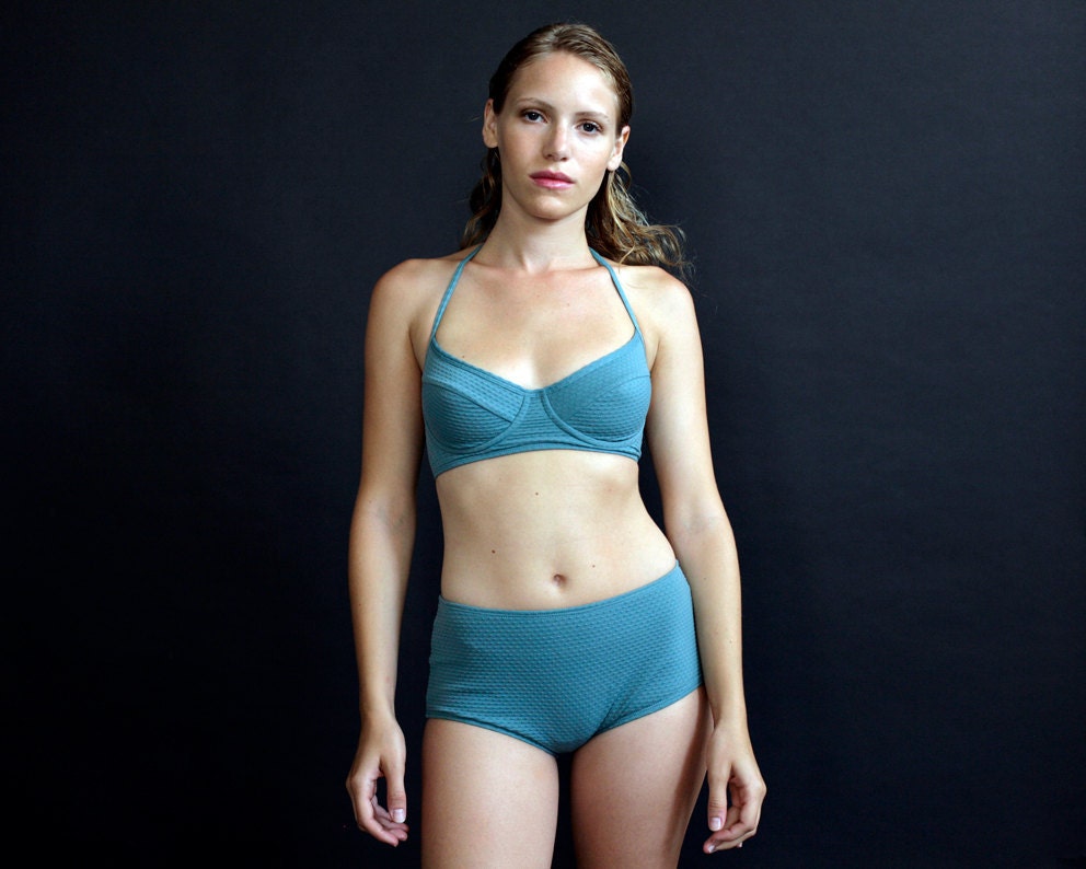 Blue retro style bikini swimsuit set, 2 piece mix&match bathing suite, under wire bra, high waist bottoms, large sizes, plus size
