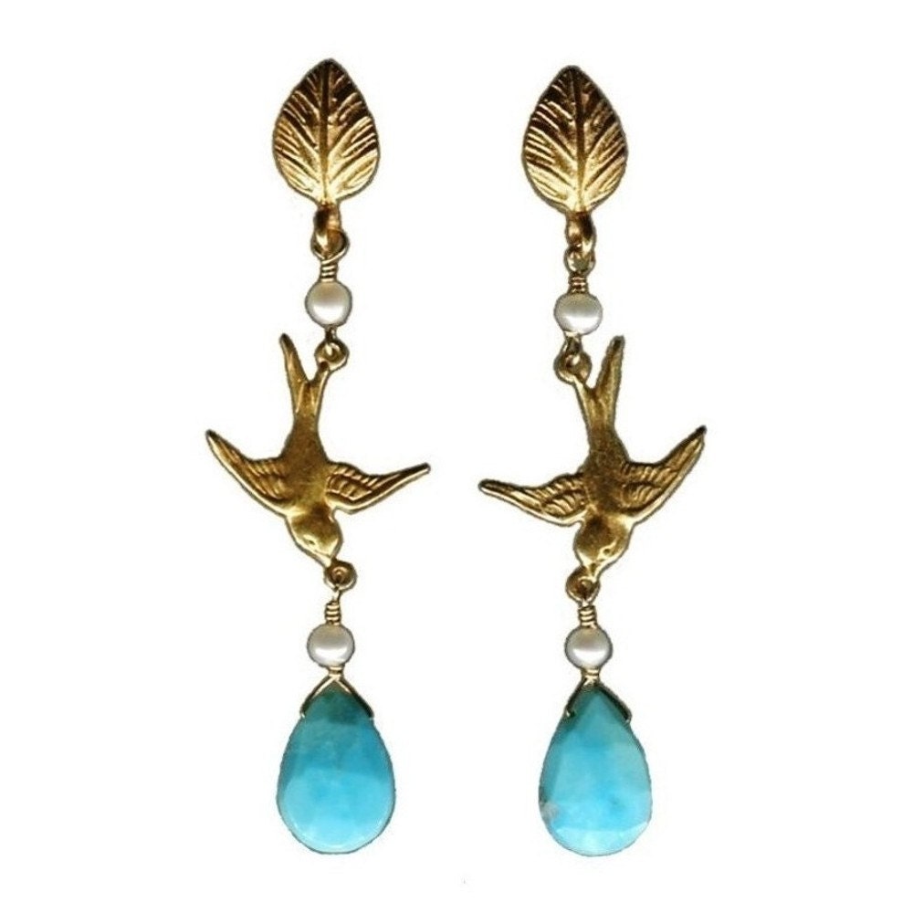 Glamorosi - Swallow Earrings - Spring 2012 - Turquoise, Pearl, Gold Vermeil, Leaf Post Earrings