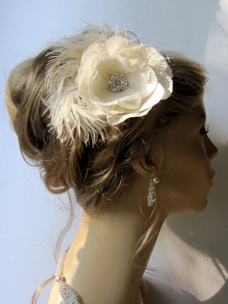 Ivory Bridal hair flowers with Lace and feathers, Fascinator.