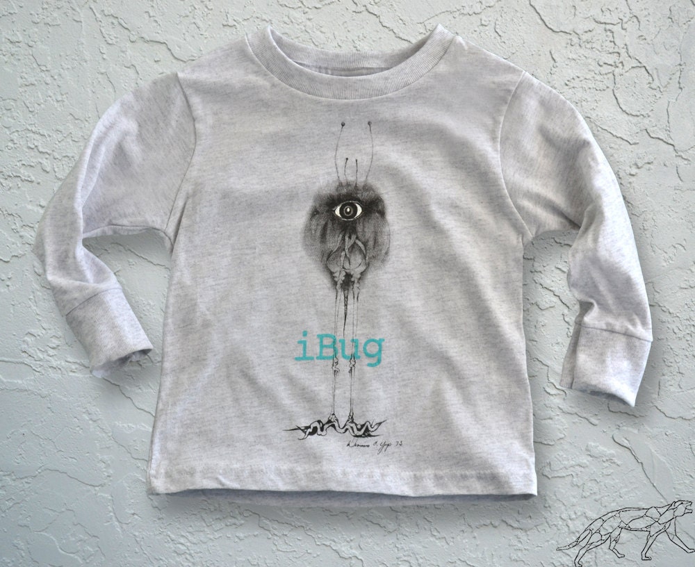 GEEKY FUNNY iBug Insect  Kid's Tshirt - Long Sleeve Heather Grey Cotton - New Species but can we learn to love it