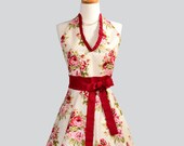Sexy Womens Hostess Apron . Halter Apron Made With Floral of  Rich Red Roses on Ivory