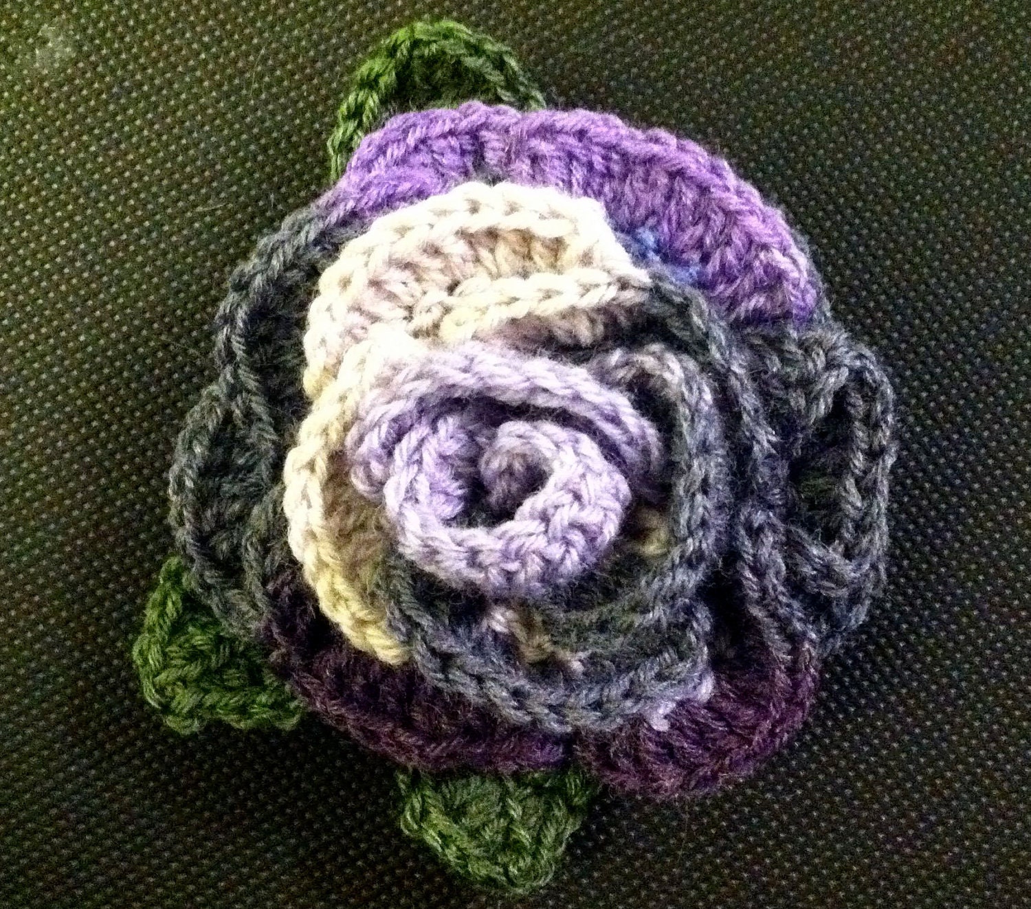 Purple & gray crochet rose pin to raise money for Cystic Fibrosis research - Bexterdesigns