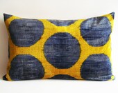 SALE - Soft Hand Woven - Silk Velvet Ikat Pillow Cover - 15x23 inch - Blue Yellow Green Color