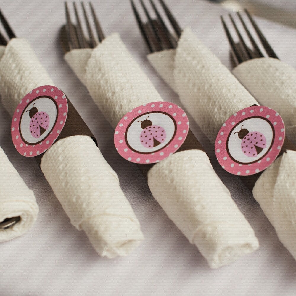 Napkin Rings - Silverware Wraps - Ladybug Theme - Happy Birthday Party and Baby Shower Decorations in Brown & Pink (12)