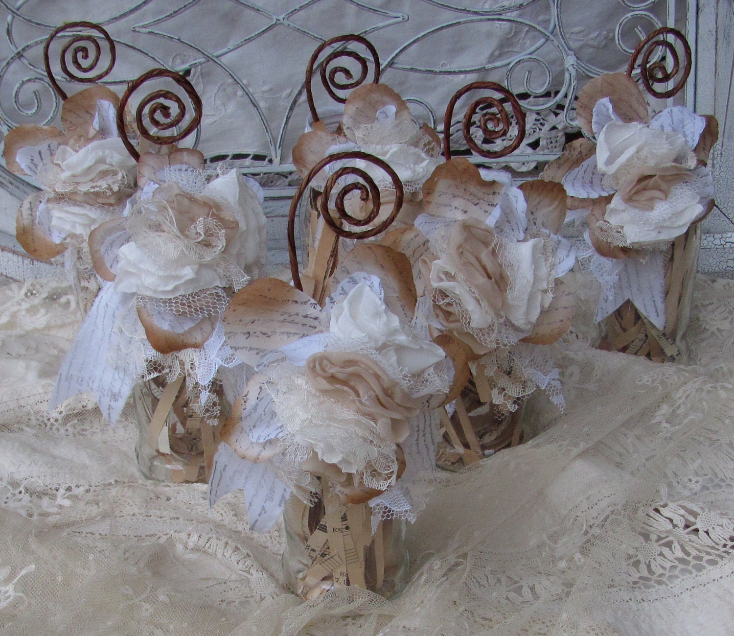 Wedding Jars for  Table Number or  Place Cards with Vintage sheets of Music  Very Shabby Chic  Set of 6  by My Broken Art on Etsy