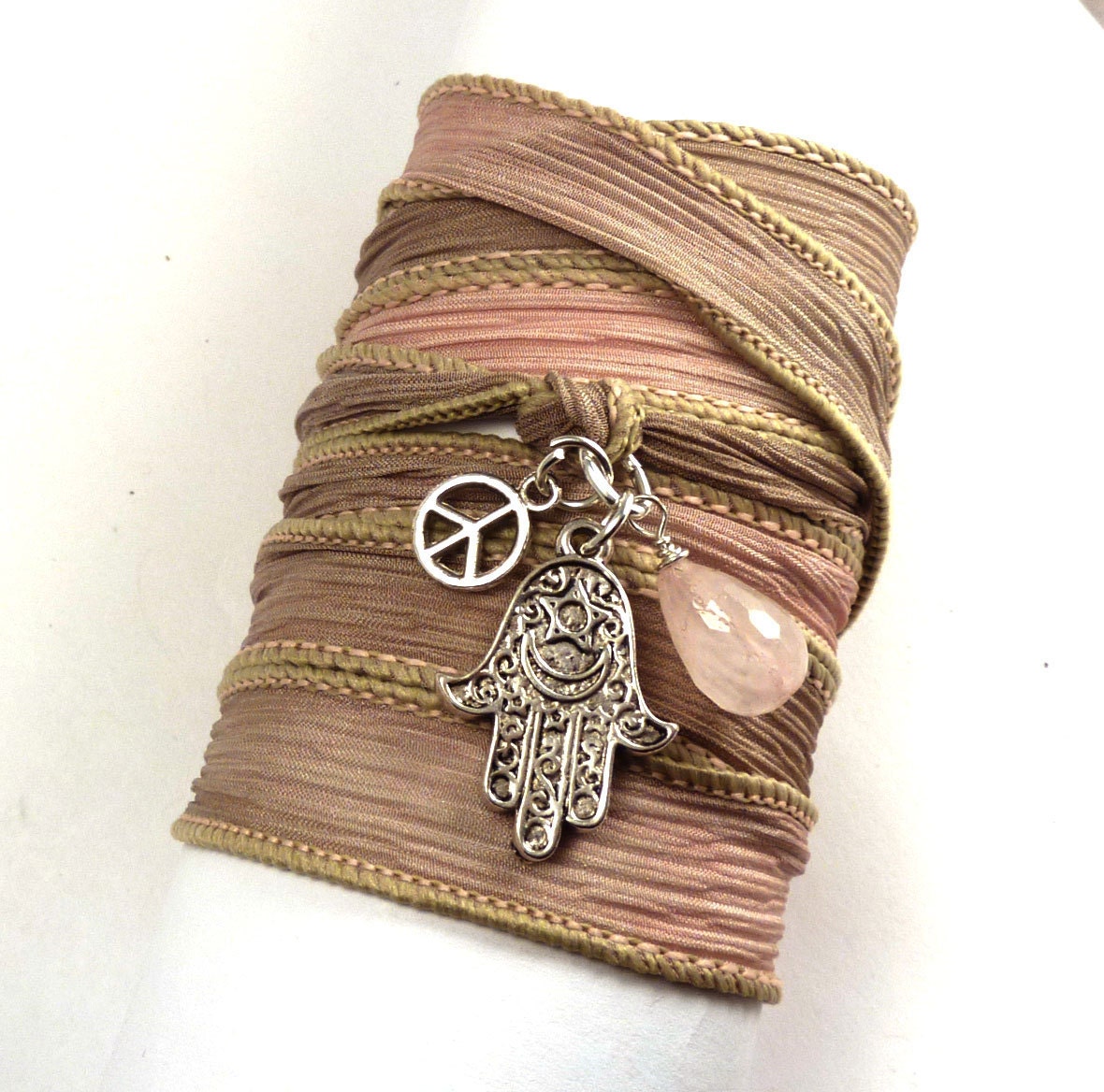 Bohemian Silk Ribbon  Wrap Bracelet with Hamsa, Peace Sign, and Rose Quartz, yoga jewelry, wrapped wrapping bracelet, wrap around,wrist wrap