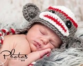 Newborn White, Red & Dark Gray Sock Monkey Earflap Hat w/ Matching Diaper Cover - Photography Prop