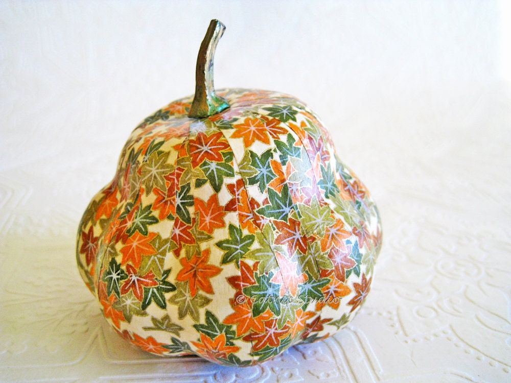 Squash Ornament Gourd Ornament decoupage origami maple leaves green gold orange fall autumn thanksgiving