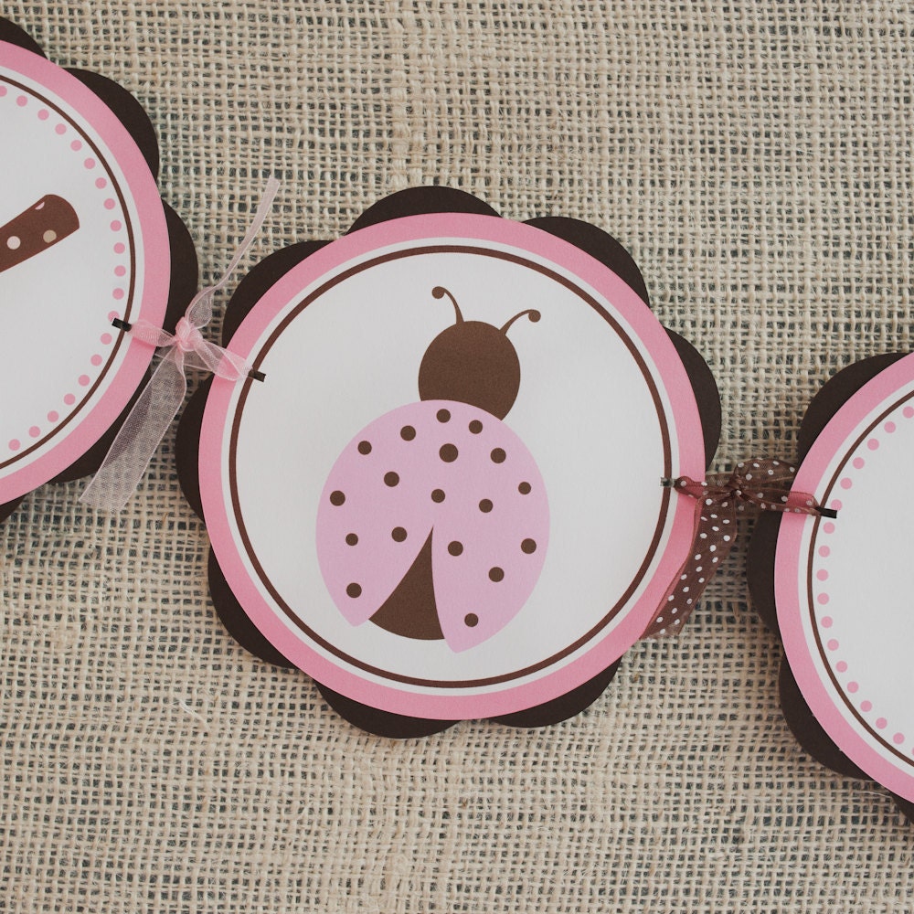 Ladybug Party Supplies HAPPY BIRTHDAY Banner, Birthday Party Decoration Pink and Brown Ladybug Banner