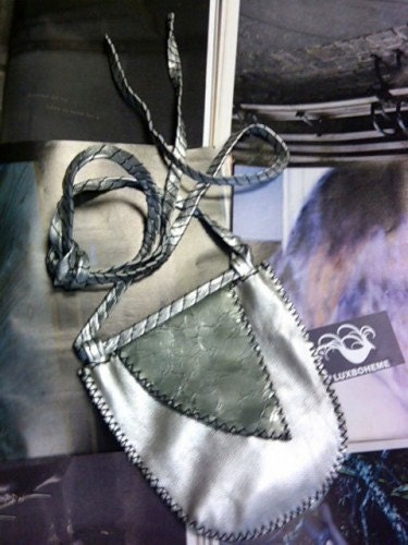 Recycled LEATHER Handmade Hand Stitched Hip Bag Shoulder Bag Sustainable Gift SILVER Metallic Green Bag luxboheme