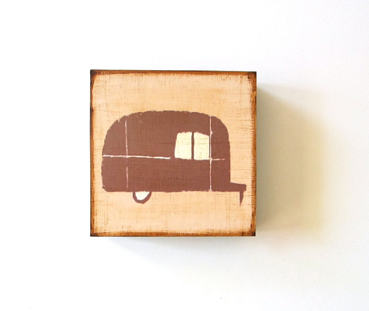 Airstream Trailer Brown Sepia 5x5 art block on wood austin texas journey travel neutral rust beige red tile studio