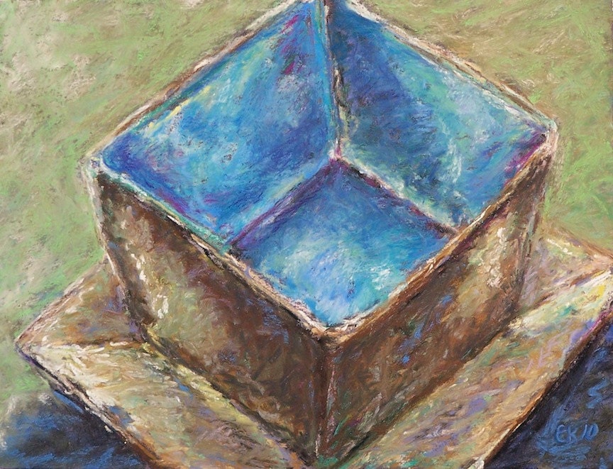 Square Bowl with Blue Interior original pastel painting